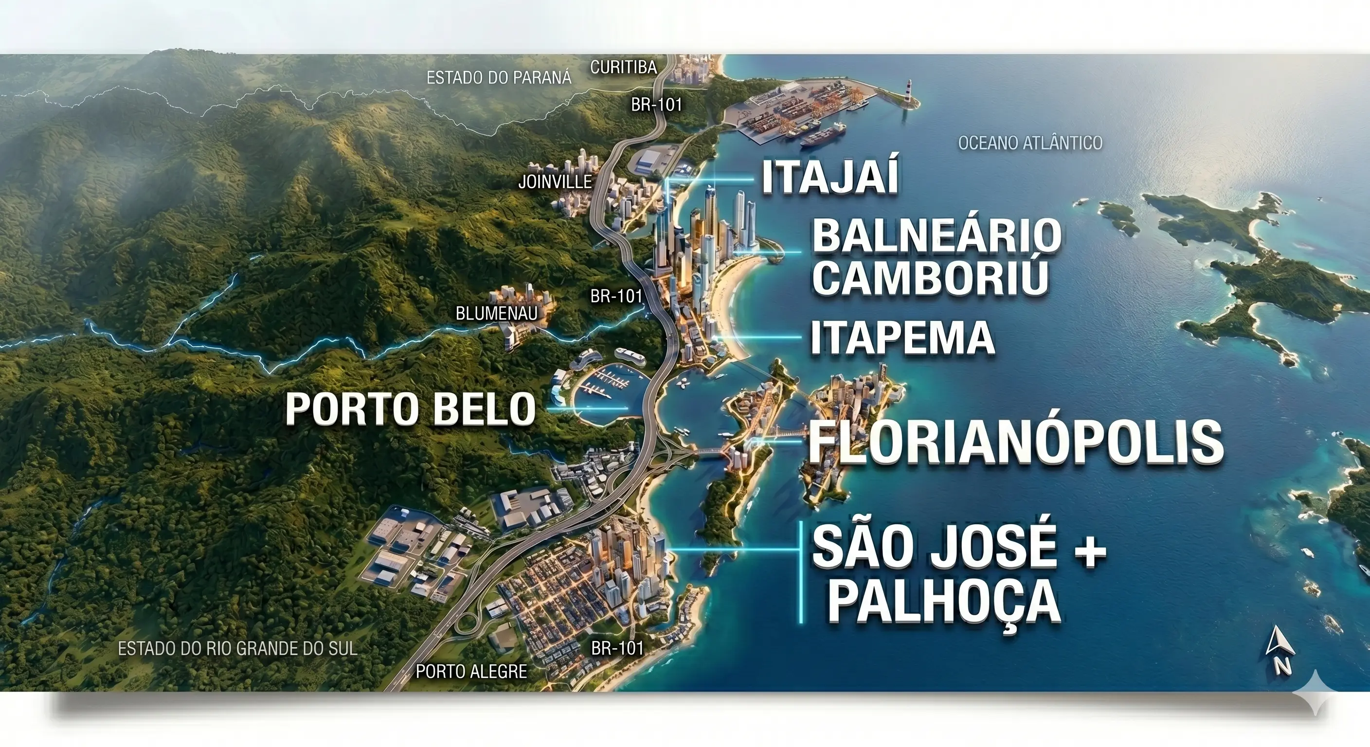 Mapa visual das regiões de atendimento para reforma e construção civil em Santa Catarina